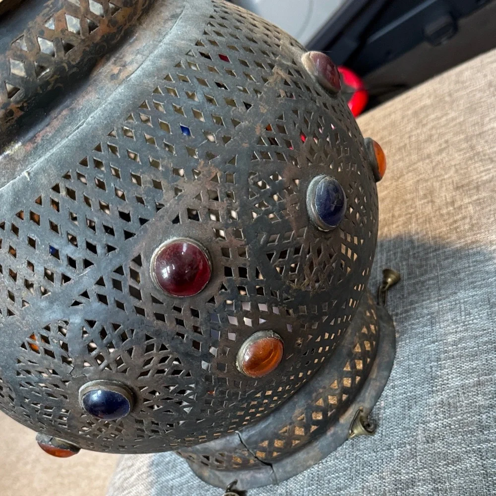 Vintage moroccan Metal Lantern with Red, Blue, and Orange Accents